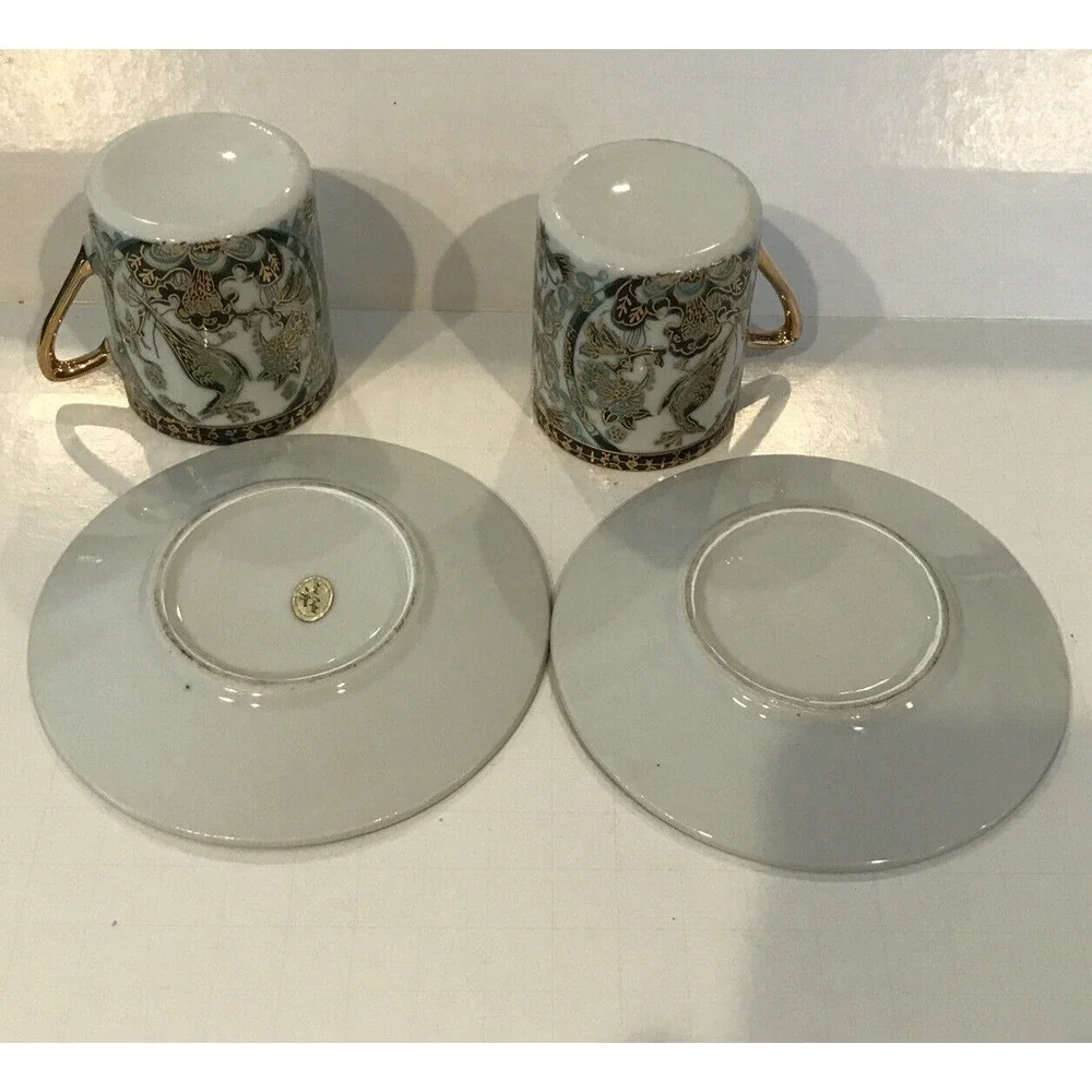 Lot of 2 Vintage‎ Porcelain Japanese Green and Gold Peacock Demitasse Tea Cups
